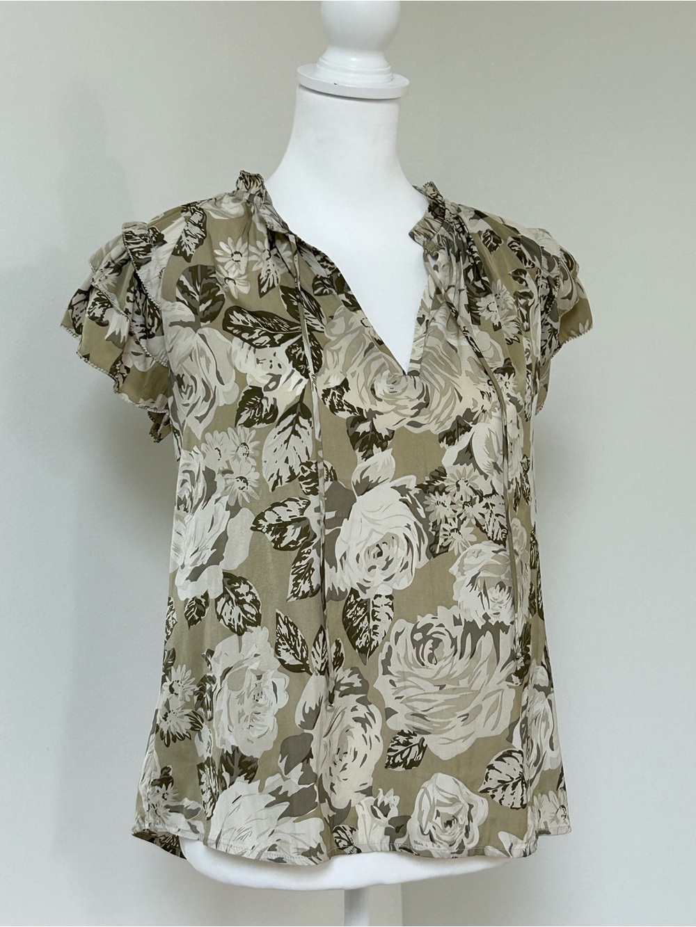 Rose Print Tie-Neck Ruffled Blouse in Olive and Cream